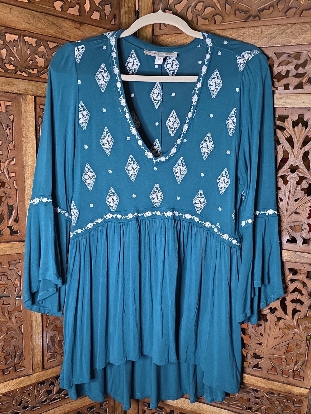 torrid Teal Blue Embroidered V-Neck Tiered Tunic